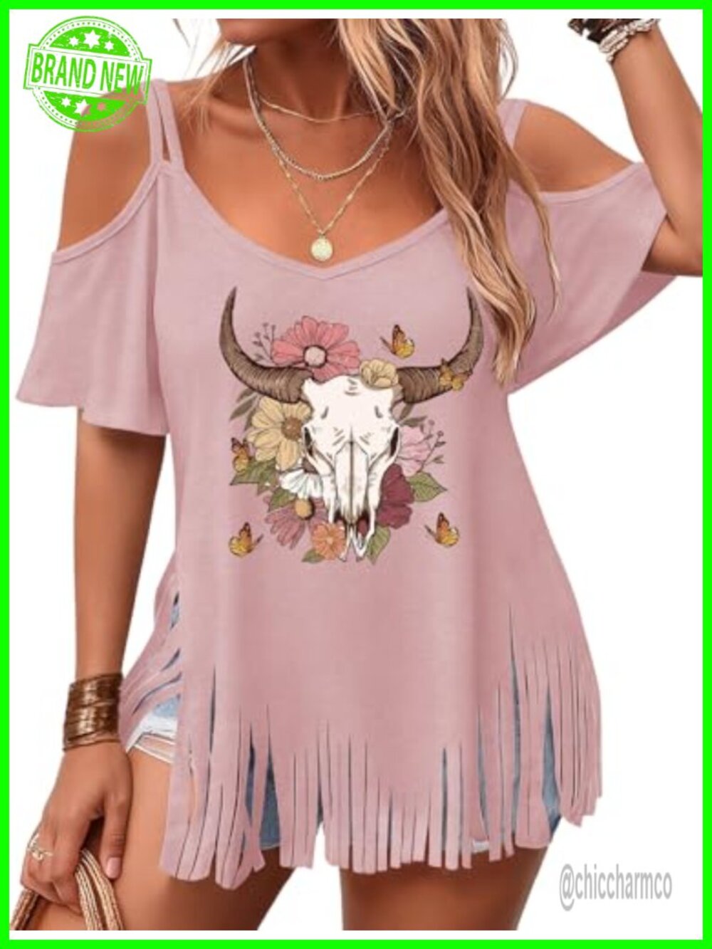 Western Cowgirl Fringe Cold Shoulder V-Neck T-Shirt